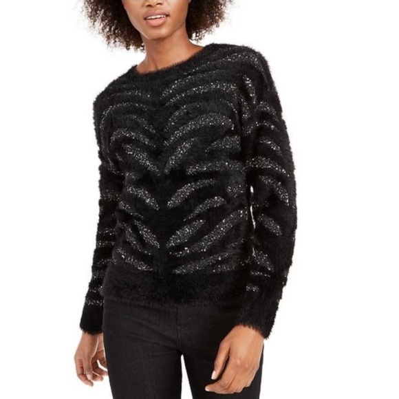 Bar III Zebra-Stripe Sequin Eyelash Sweater - Picture 1 of 4